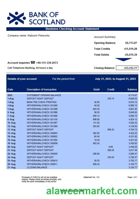 Bank of Scotland corporate checking account statement Word and PDF template
